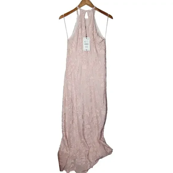 ZARA NEW WOMAN SS25 STRUCTURED MAXI HALTER DRESS BEIGE-PINK XS - Picture 4 of 11